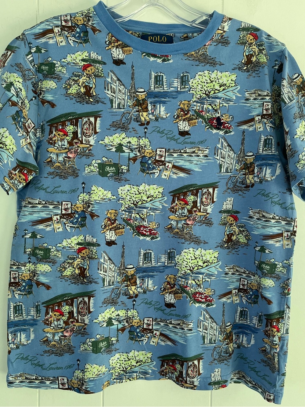 Polo Ralph Lauren Paris Bear Parisian Blue Scenic Print Short Sleeve Top Sz14-16